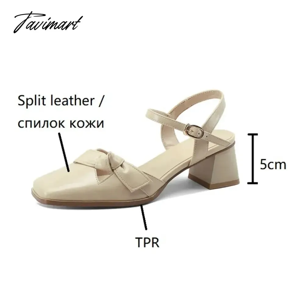 TAVIMART  Summer Bowknot Women Shoes Cover Toe Chunky Heel Women Sandals Split Leather Shoes for Women Sandals Retro High Heel Cute Shoes