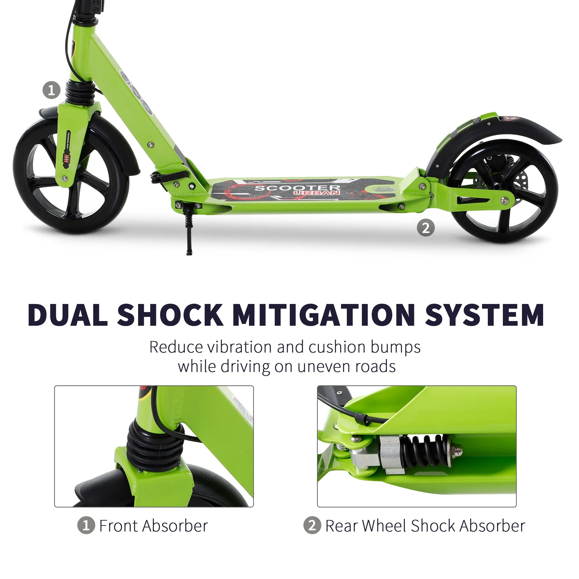 Teens Adult Kick Scooter Fold Adjust 14  w/ Dual Brake System Green