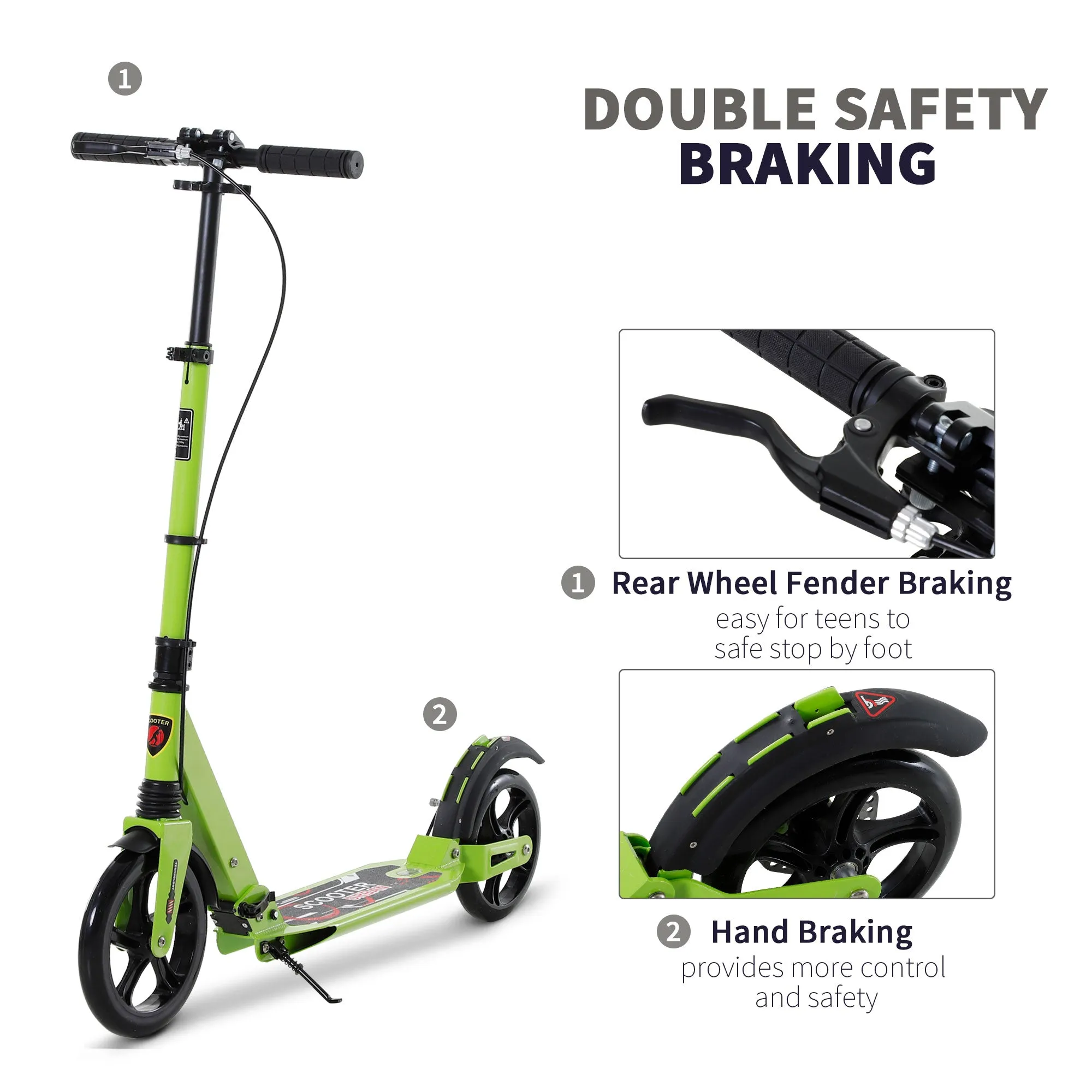 Teens Adult Kick Scooter Fold Adjust 14  w/ Dual Brake System Green