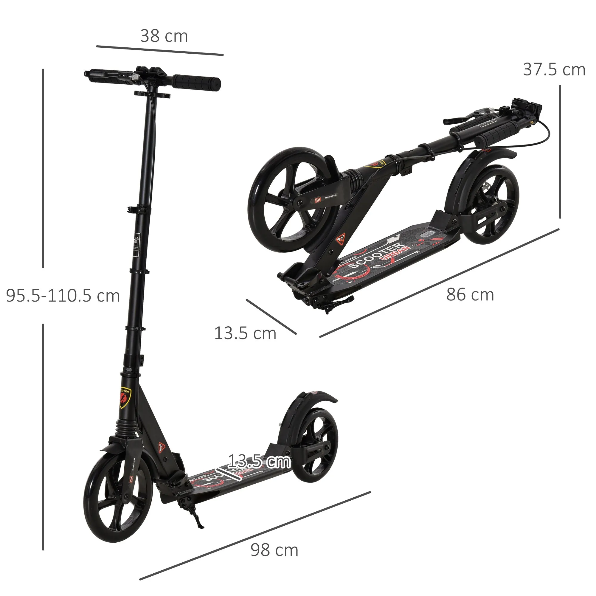 Teens Adult Kick Scooter Fold Adjust 14  w/ Rear Dual Brake System Black