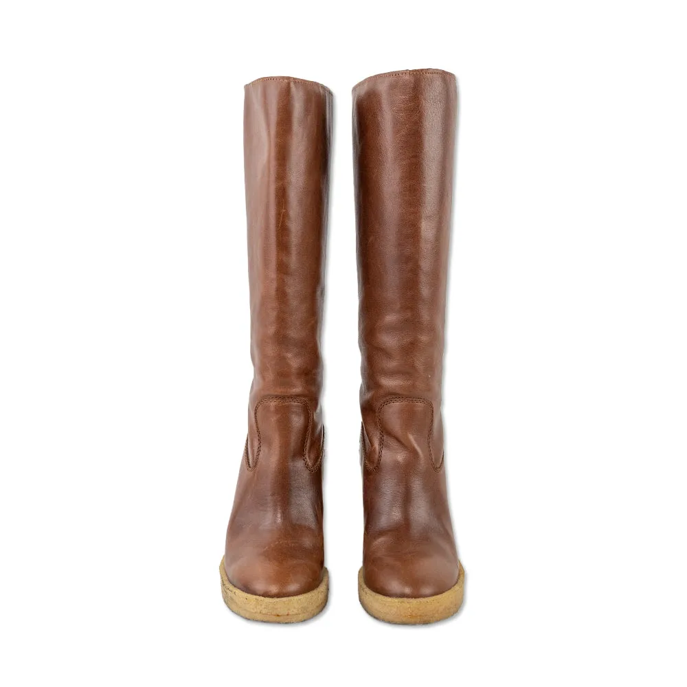 Tod's Brown Leather Wedge Below the Knee Boots