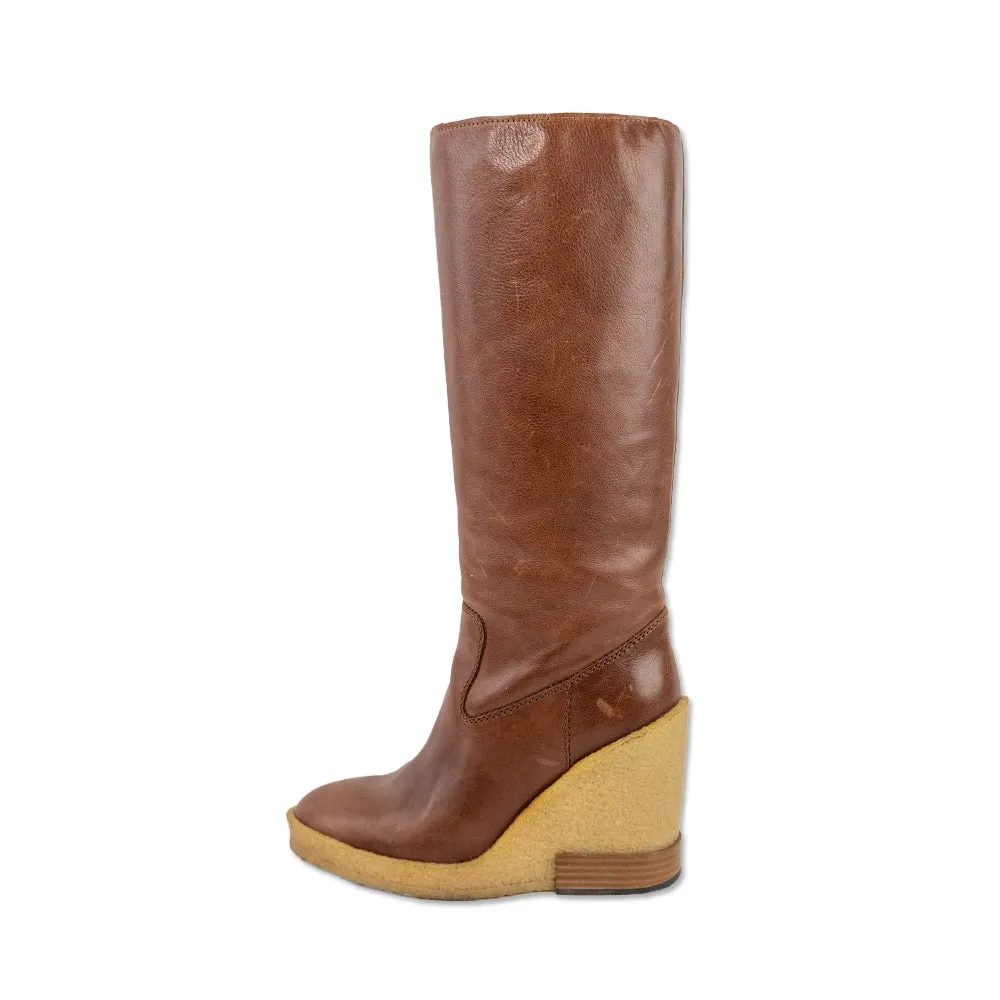 Tod's Brown Leather Wedge Below the Knee Boots