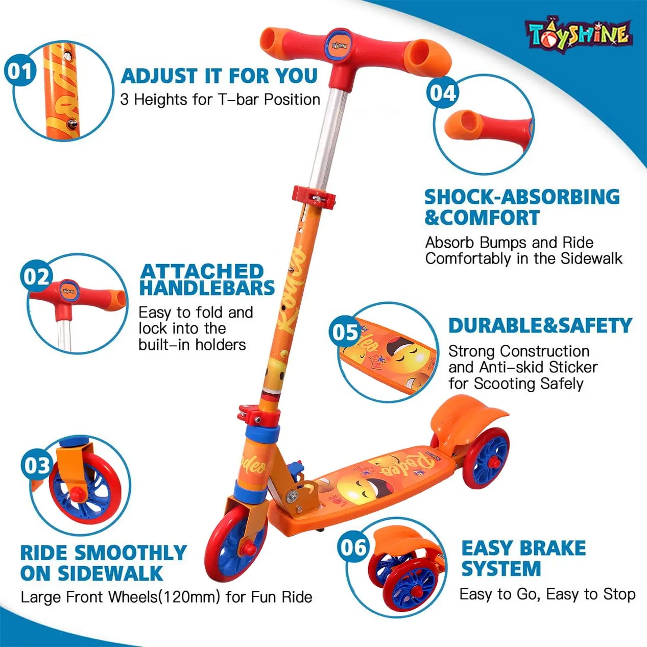 Toyshine Rodeo Runner Scooter for Kids with Anti Slip ABS Base and Aluminium Structure Ride-on, Height Adjustable, 3 Wheel Rider for Boys and Girls Ages 3 , Orange