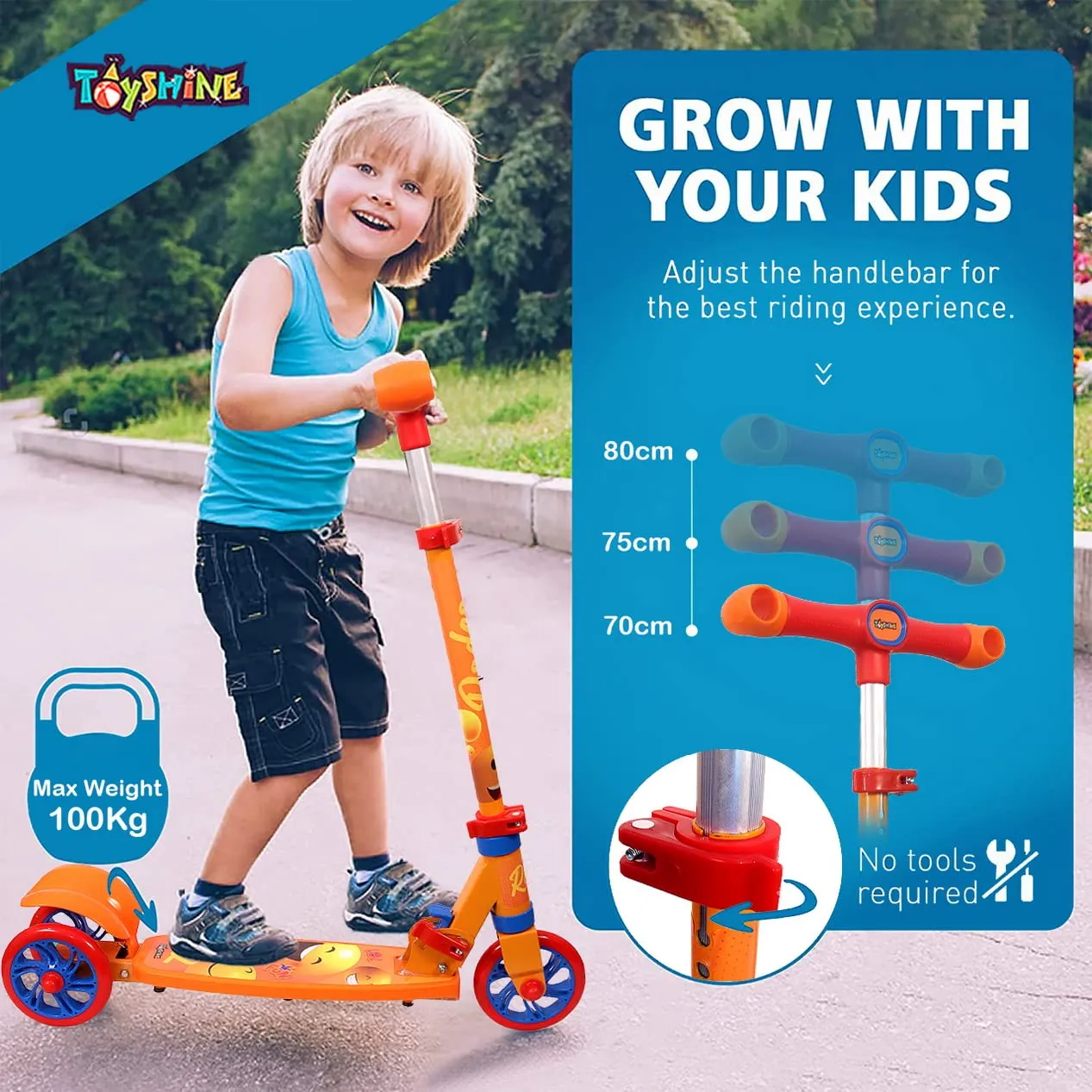 Toyshine Rodeo Runner Scooter for Kids with Anti Slip ABS Base and Aluminium Structure Ride-on, Height Adjustable, 3 Wheel Rider for Boys and Girls Ages 3 , Orange