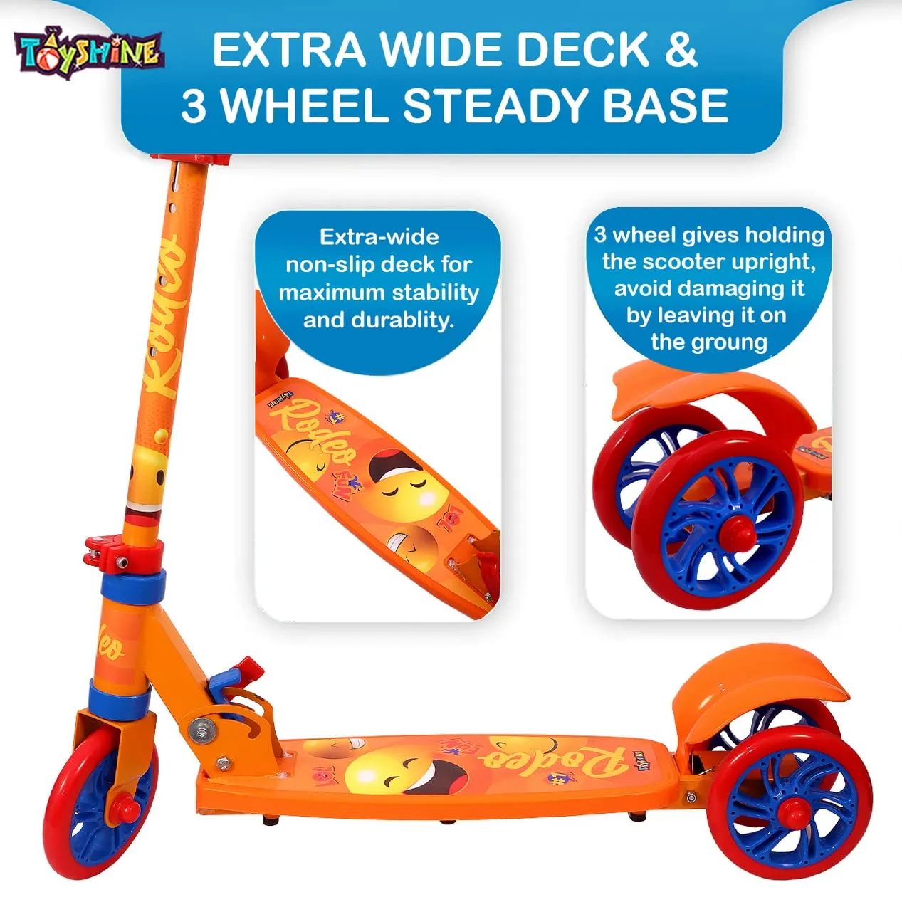 Toyshine Rodeo Runner Scooter for Kids with Anti Slip ABS Base and Aluminium Structure Ride-on, Height Adjustable, 3 Wheel Rider for Boys and Girls Ages 3 , Orange