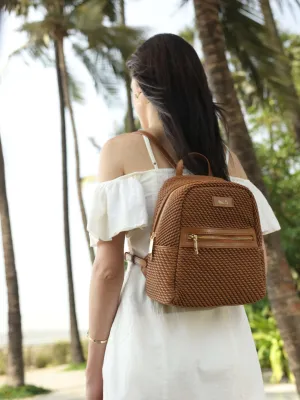 Women Tan Textured Mini Backpack With Quilted Detailing