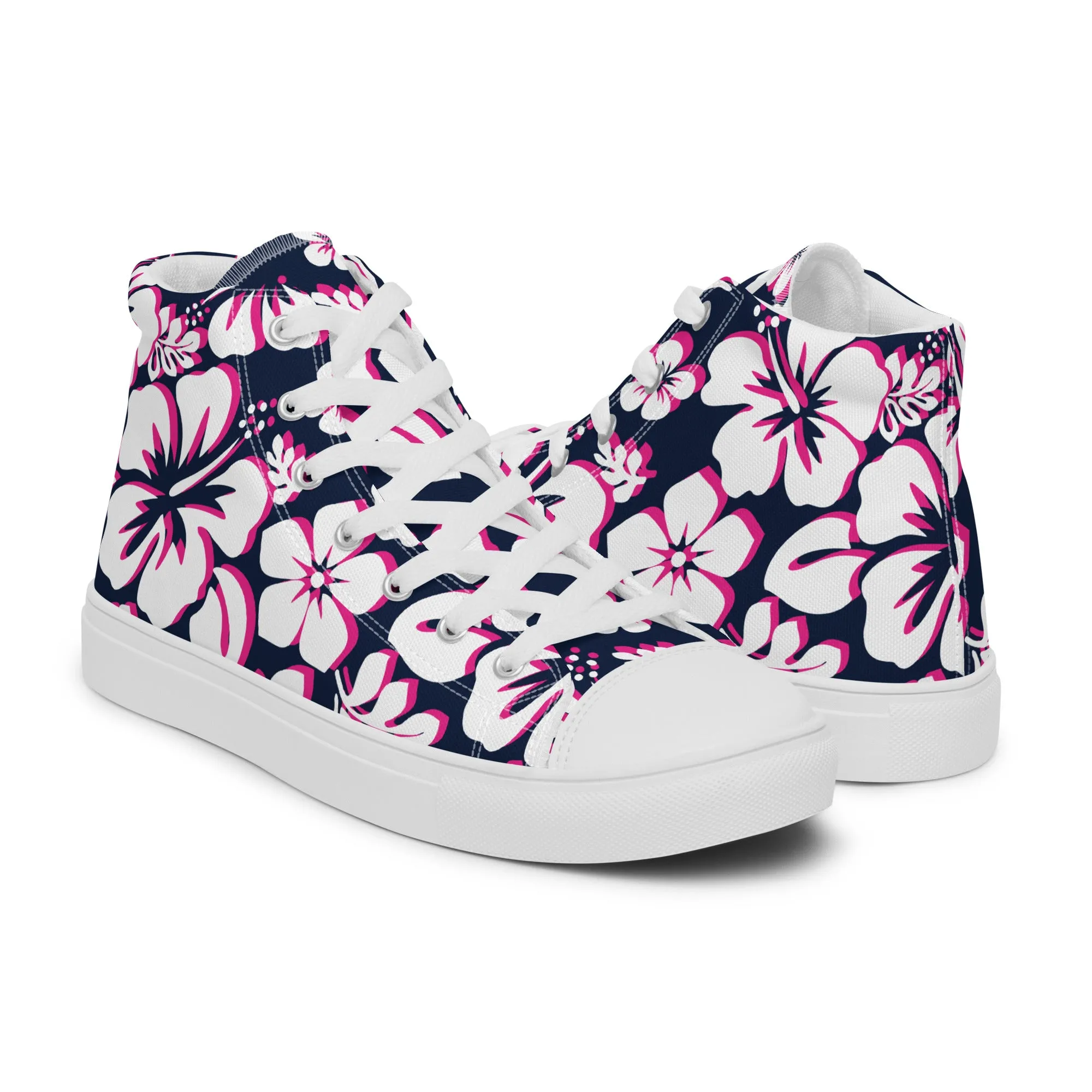 Women's Navy Blue, White and Hot Pink Hawaiian Print High Top Canvas Shoes