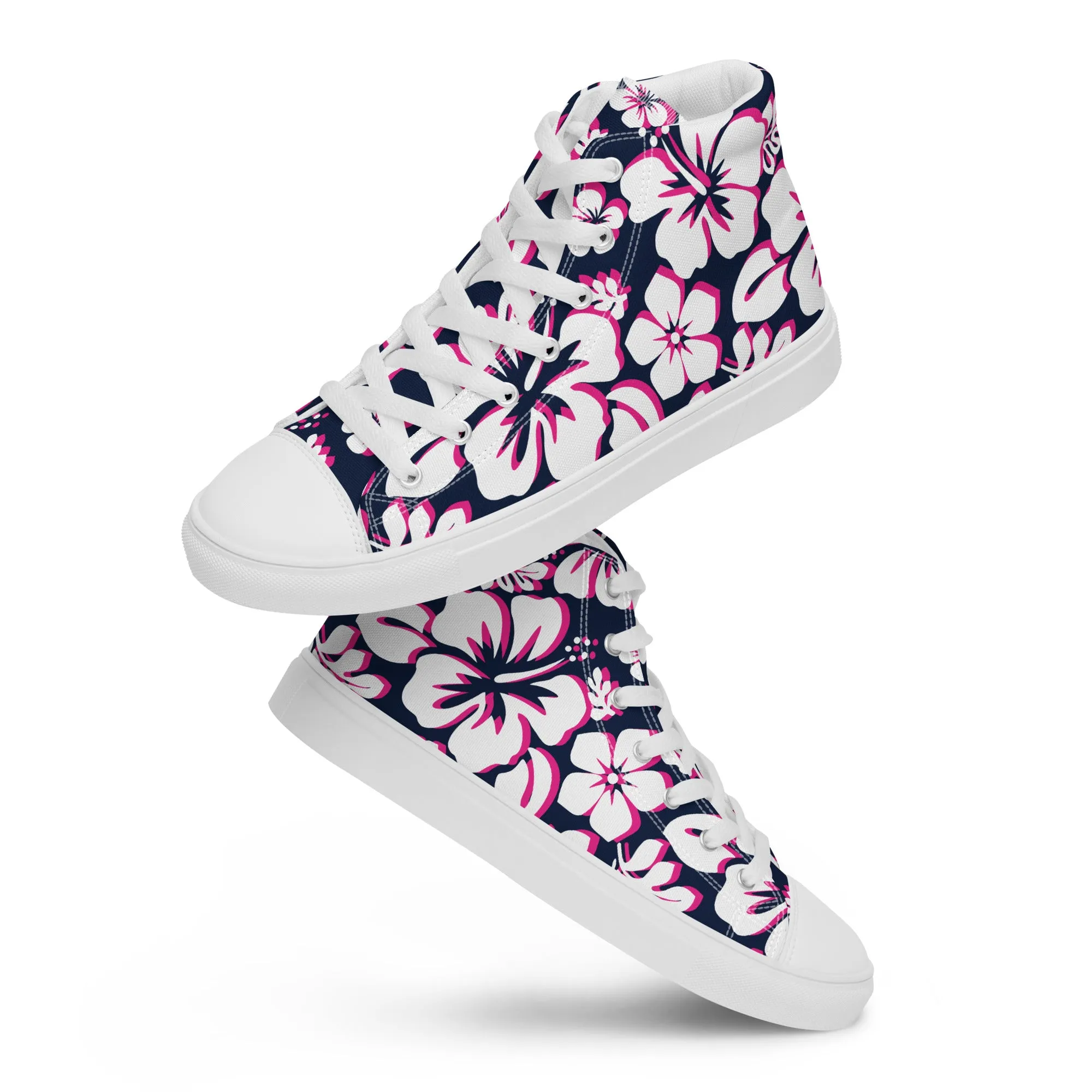 Women's Navy Blue, White and Hot Pink Hawaiian Print High Top Canvas Shoes