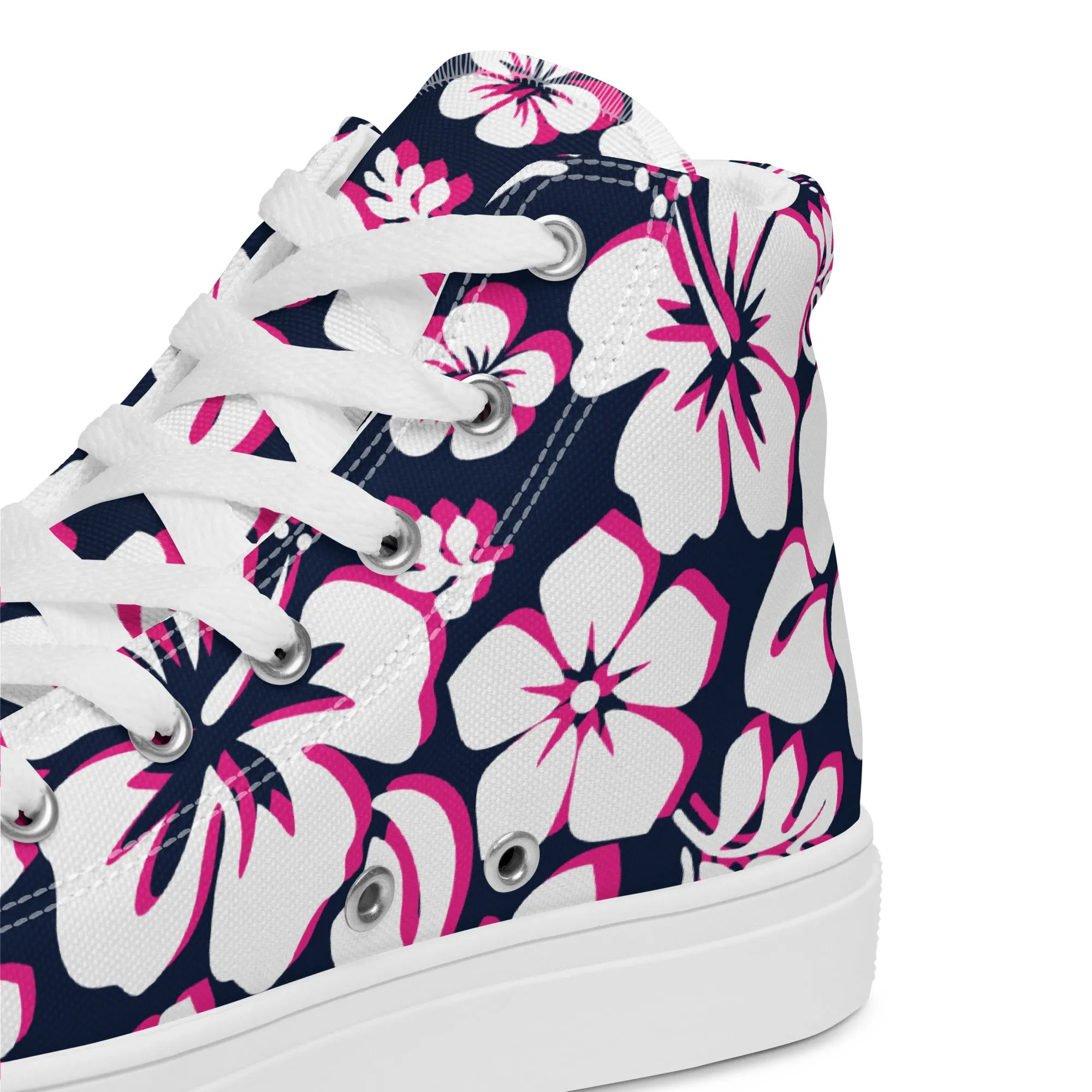 Women's Navy Blue, White and Hot Pink Hawaiian Print High Top Canvas Shoes