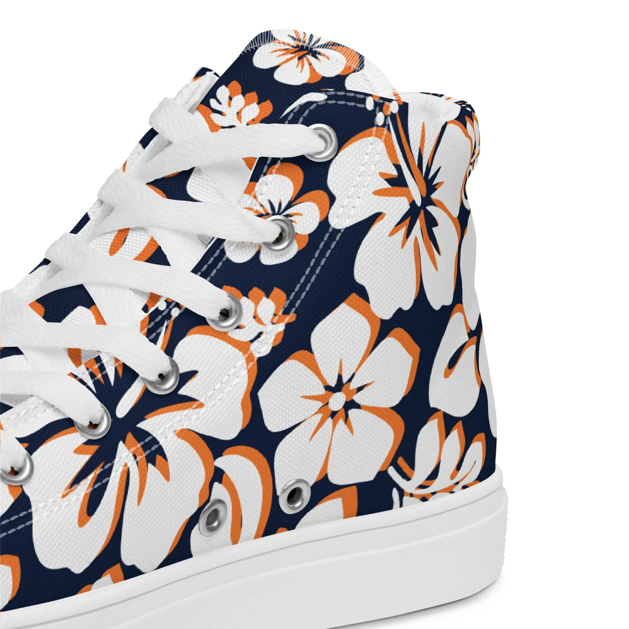 Women's Navy Blue, White and Orange Hawaiian Print High Top Canvas Shoes