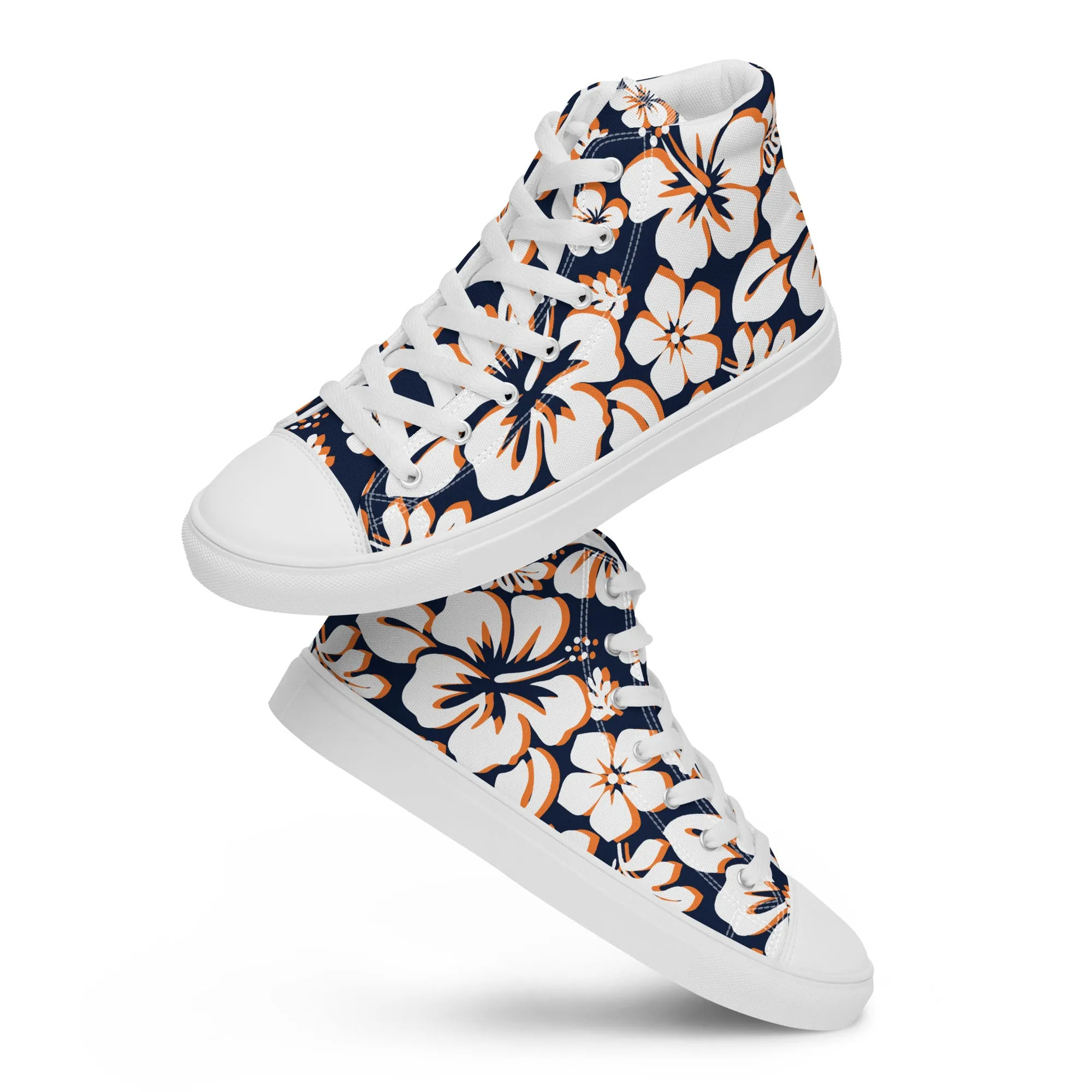 Women's Navy Blue, White and Orange Hawaiian Print High Top Canvas Shoes