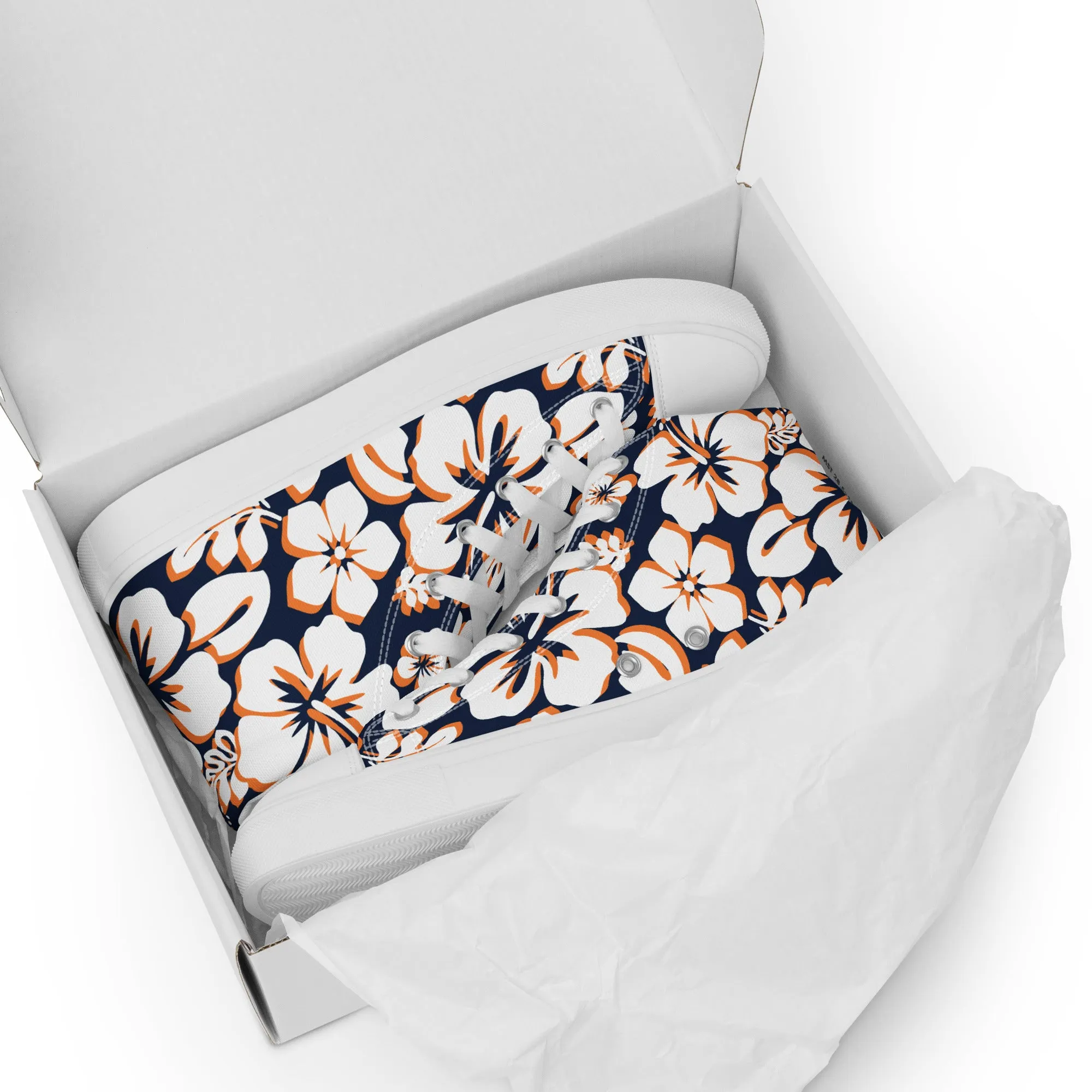 Women's Navy Blue, White and Orange Hawaiian Print High Top Canvas Shoes