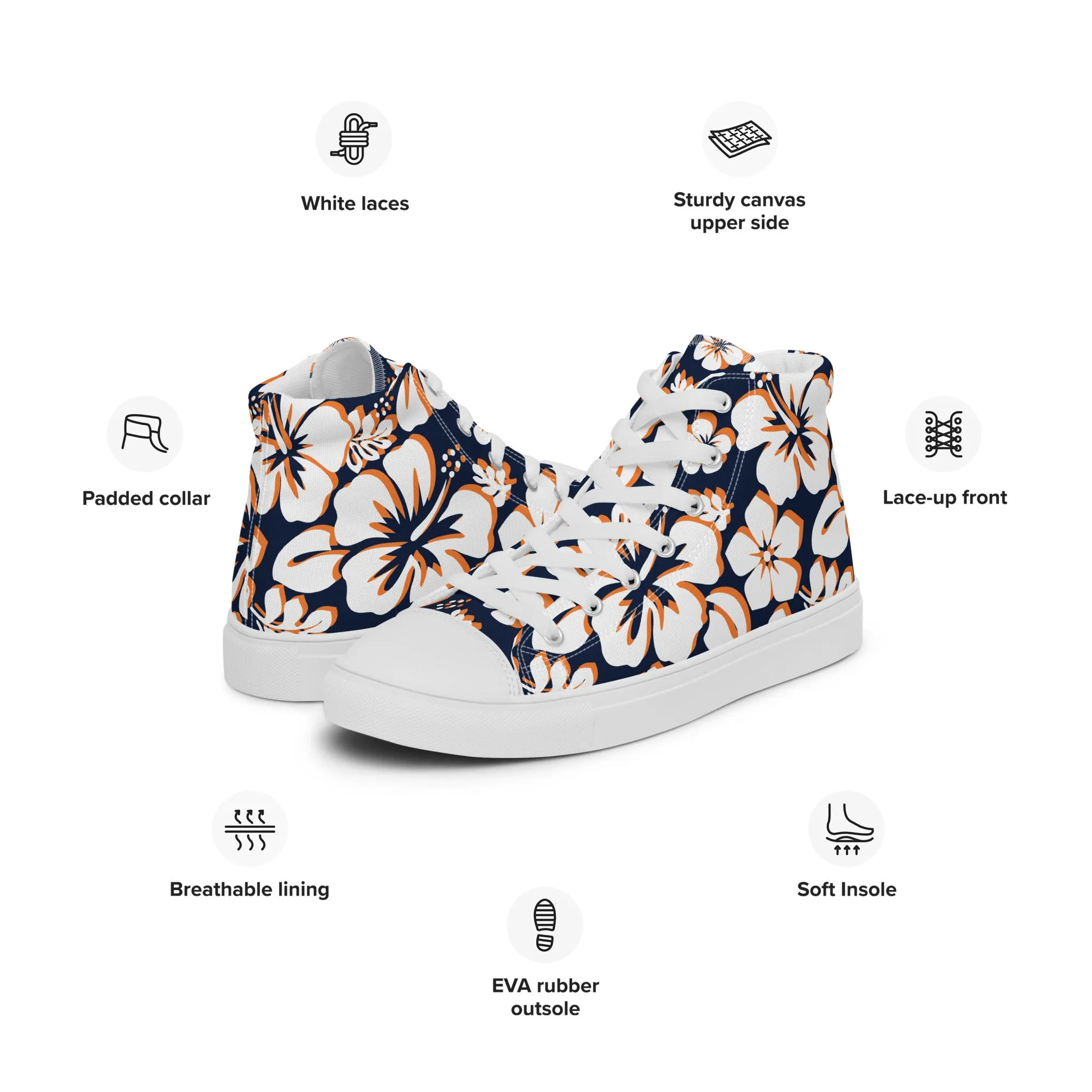 Women's Navy Blue, White and Orange Hawaiian Print High Top Canvas Shoes