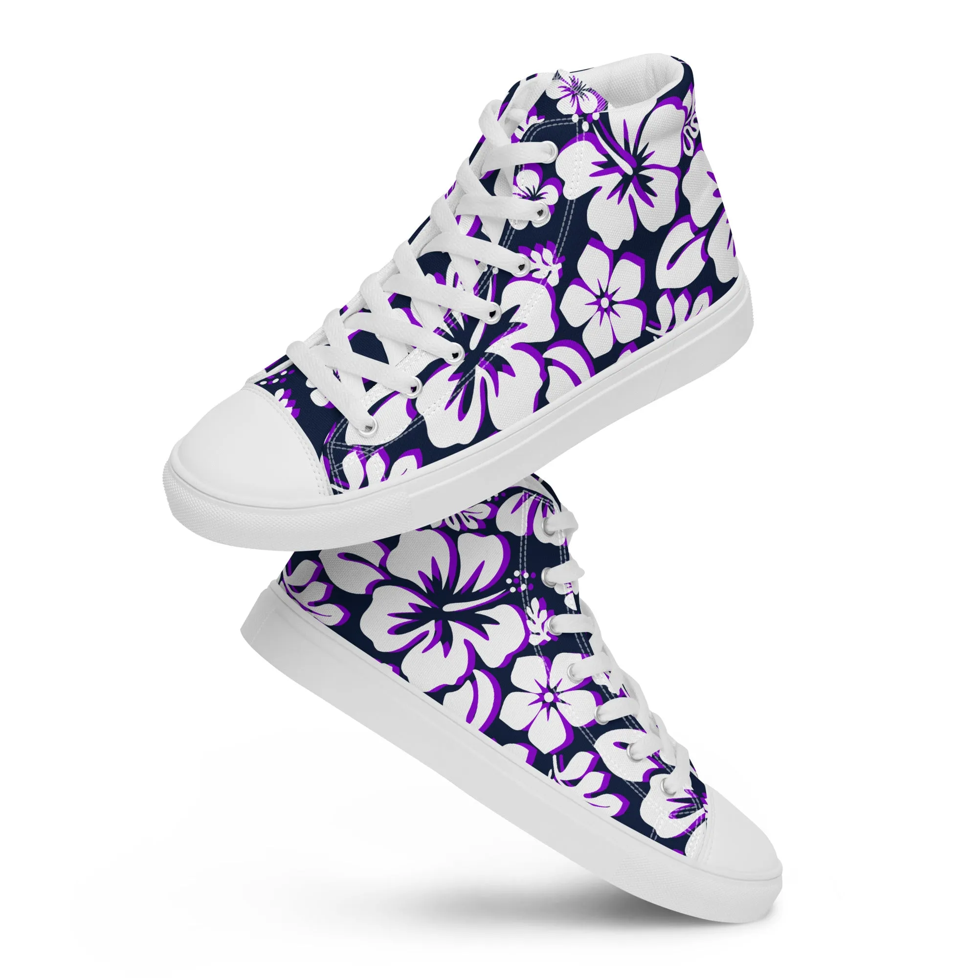 Women's Navy Blue, White and Purple Hawaiian Print High Top Canvas Shoes