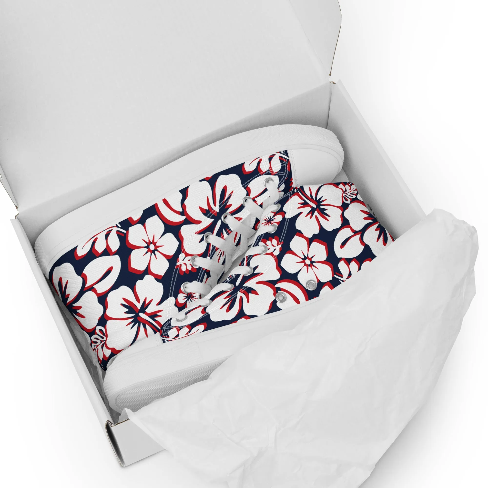 Women's Navy Blue, White and Red Hawaiian Print High Top Canvas Shoes