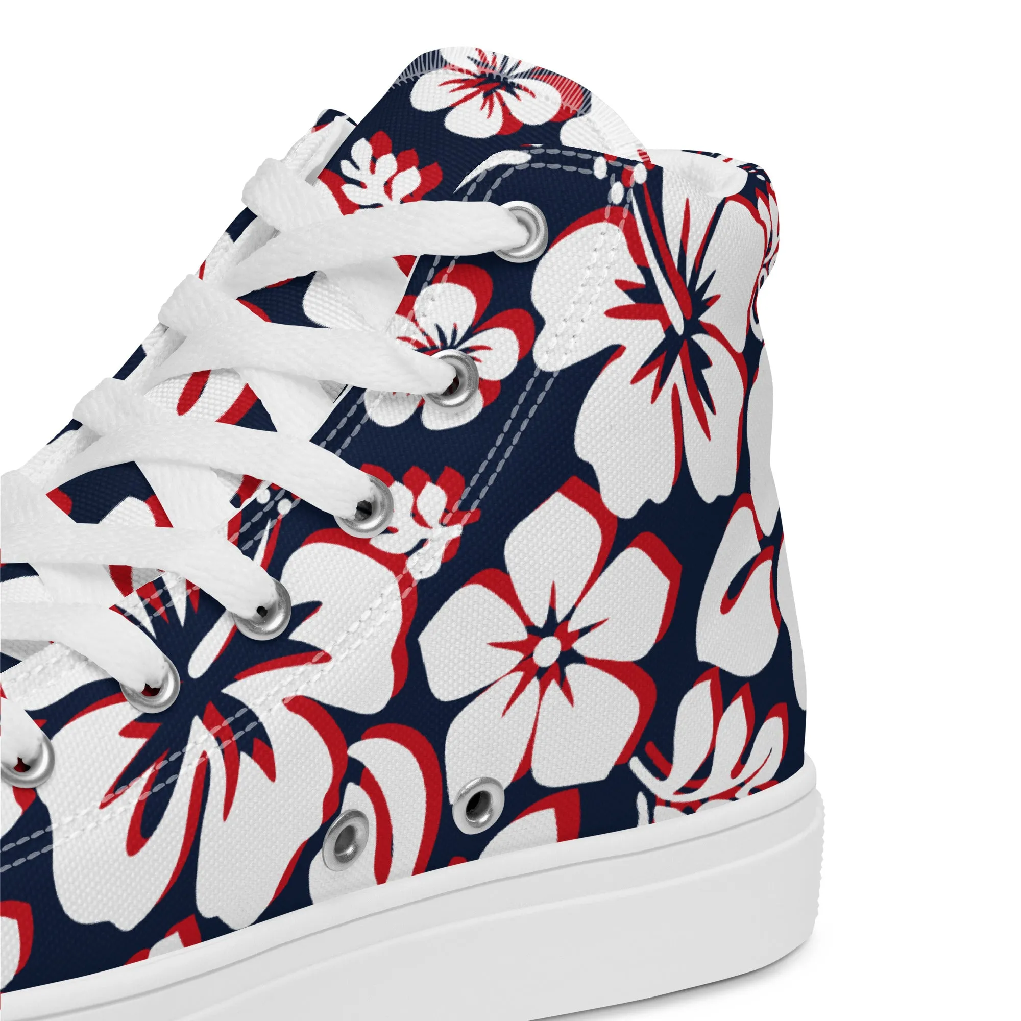 Women's Navy Blue, White and Red Hawaiian Print High Top Canvas Shoes